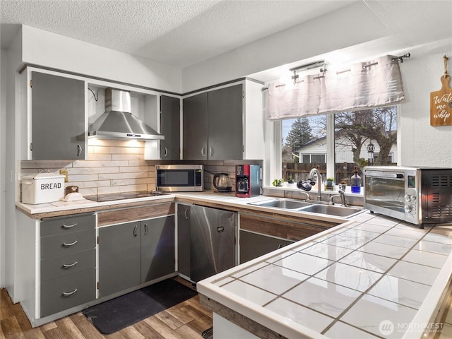 kitchen with stainless steel microwave, wood finished floors, light countertops, wall chimney range hood, and a sink