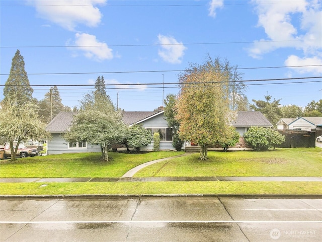 view of front of house featuring a shingled roof, a front yard, and fence