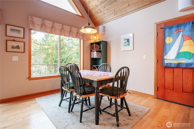 dining area with lofted ceiling, wooden ceiling, wood finished floors, and baseboards