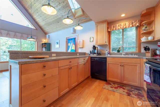 kitchen featuring electric range oven, a peninsula, a sink, dishwasher, and light brown cabinetry