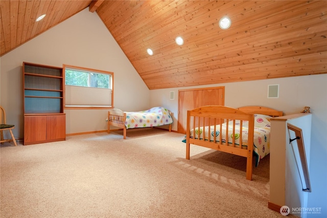 unfurnished bedroom with recessed lighting, carpet, wood ceiling, and baseboards