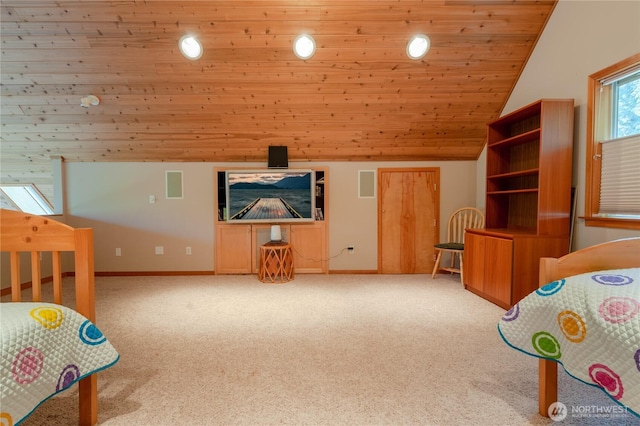 carpeted bedroom featuring lofted ceiling, wood ceiling, visible vents, and baseboards