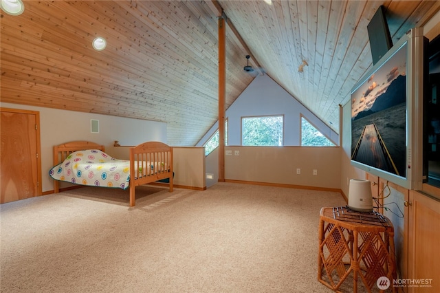 carpeted bedroom featuring wood ceiling, visible vents, lofted ceiling with beams, and baseboards