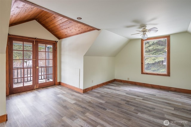 additional living space featuring lofted ceiling, baseboards, wood finished floors, and french doors