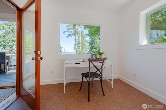 office featuring french doors and baseboards