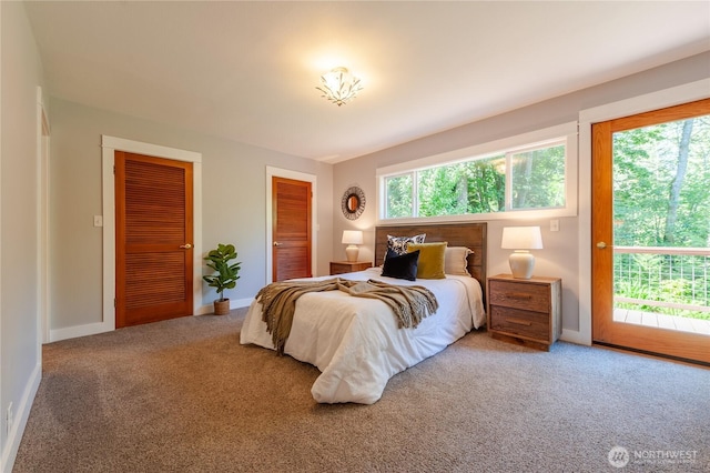 bedroom featuring access to exterior, carpet, baseboards, and two closets