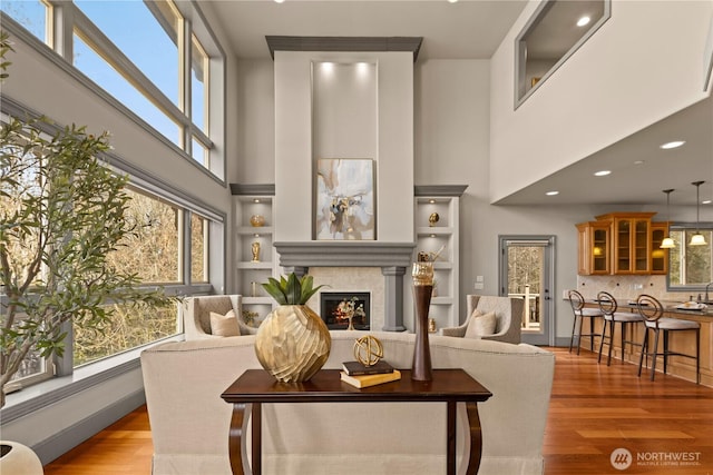 living area with light wood-style floors, plenty of natural light, and a lit fireplace