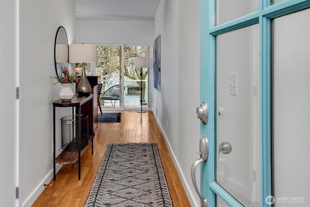 foyer entrance with baseboards and wood finished floors