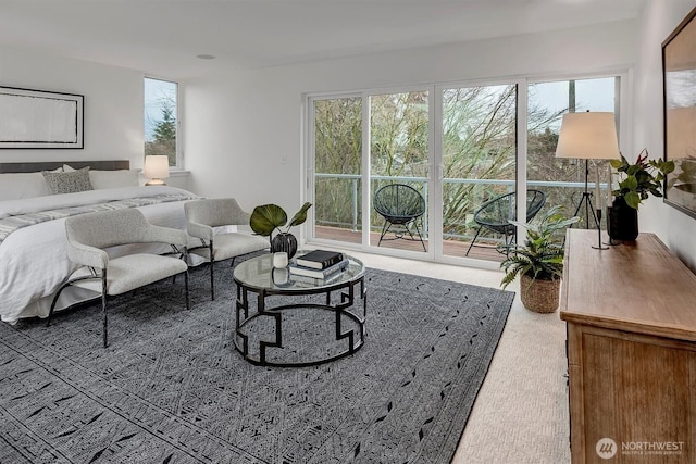 bedroom with access to outside and carpet floors