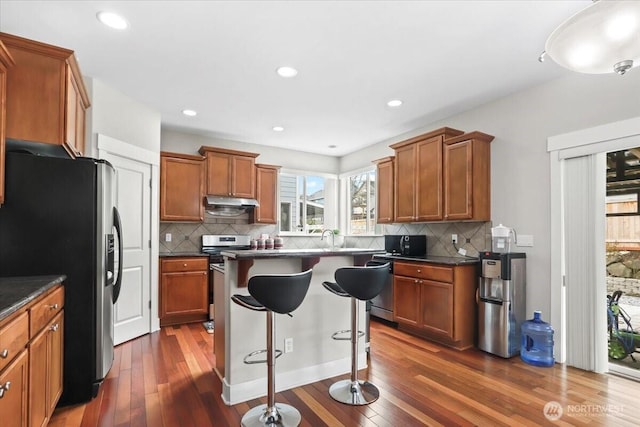 kitchen featuring under cabinet range hood, dark wood finished floors, stainless steel appliances, and dark countertops