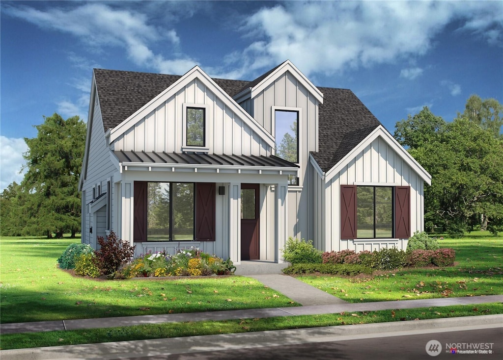 modern farmhouse style home featuring board and batten siding, a shingled roof, a front yard, metal roof, and a standing seam roof