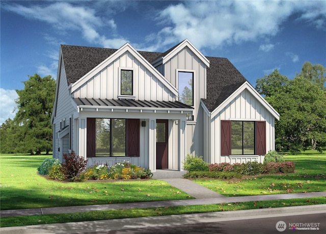 1003 SE Garrison Village Way, College Place, WA 99324 - modern farmhouse style home featuring board and batten siding, a shingled roof, a front yard, metal roof, and a standing seam roof