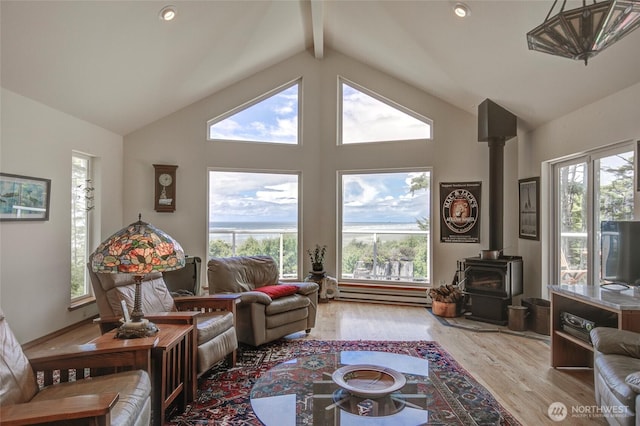 16 Koala Ln, Pacific Beach, WA 98571 - living room featuring a baseboard heating unit, wood finished floors, a wood stove, plenty of natural light, and beam ceiling