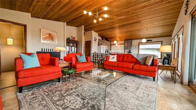 living area featuring an inviting chandelier, wood ceiling, and vaulted ceiling