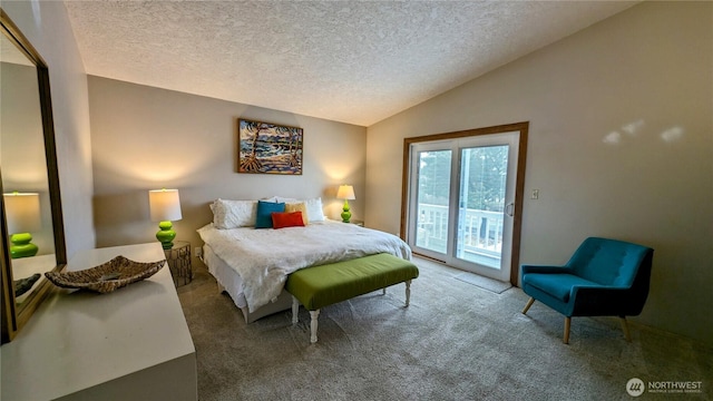 bedroom with access to exterior, carpet flooring, vaulted ceiling, and a textured ceiling