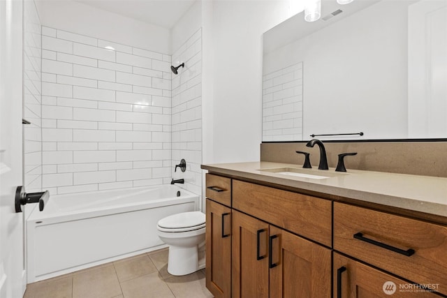 full bath with vanity, bathing tub / shower combination, tile patterned flooring, and toilet