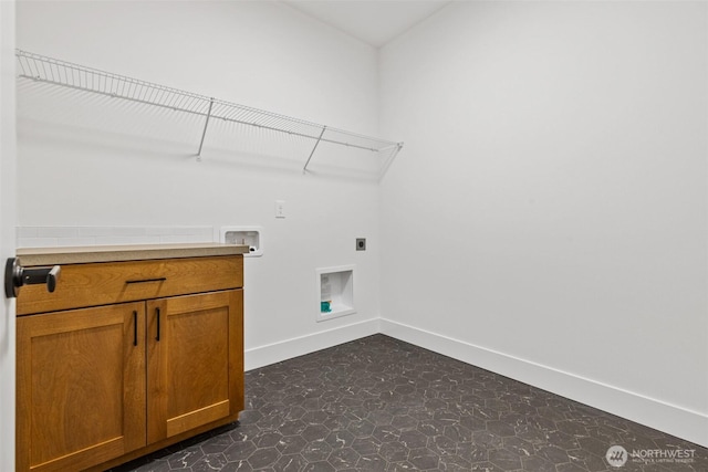 clothes washing area with washer hookup, laundry area, hookup for an electric dryer, and baseboards