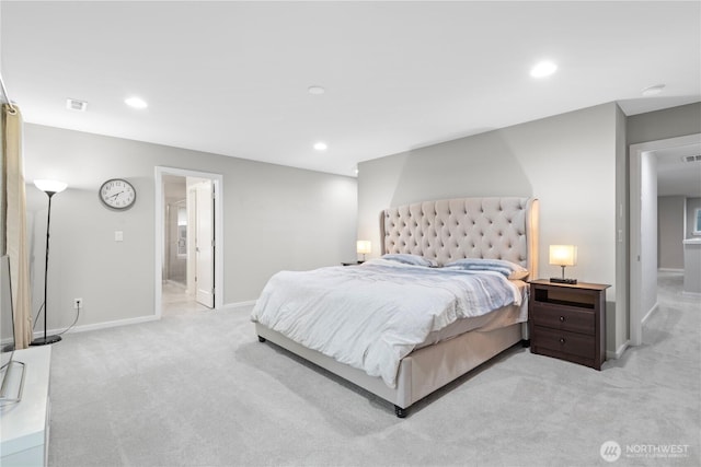 bedroom featuring light carpet, baseboards, visible vents, and recessed lighting