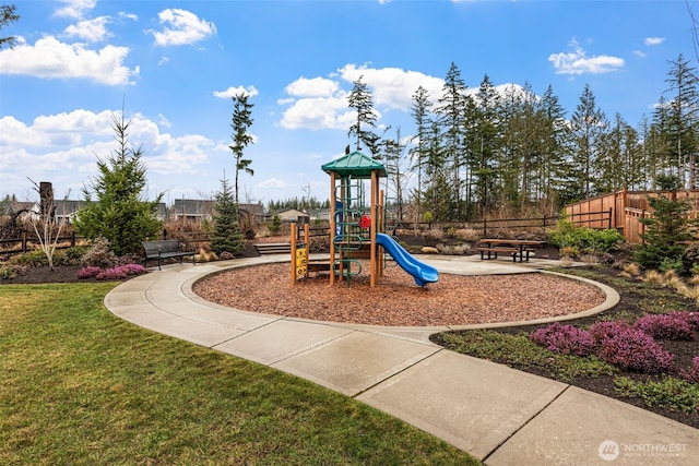 community playground with fence and a lawn