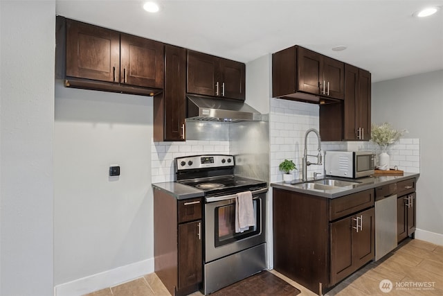 kitchen with under cabinet range hood, a sink, dark brown cabinets, appliances with stainless steel finishes, and tasteful backsplash