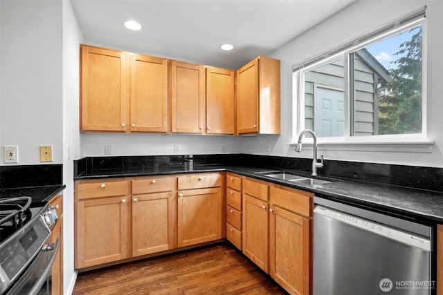 kitchen with dark wood-style floors, stainless steel appliances, recessed lighting, light brown cabinetry, and a sink