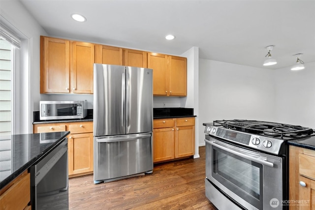 kitchen with stainless steel appliances, recessed lighting, and dark wood-style flooring