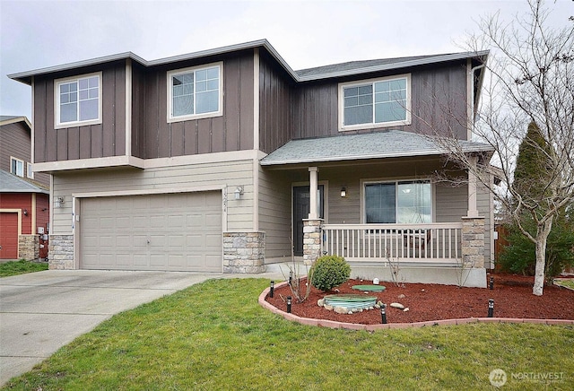 craftsman house featuring stone siding, a porch, board and batten siding, concrete driveway, and an attached garage