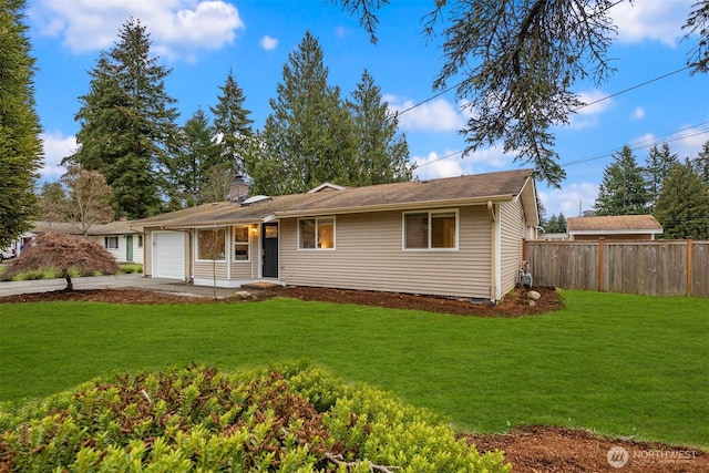 single story home featuring a garage, fence, concrete driveway, a chimney, and a front yard