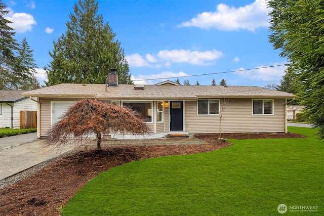 ranch-style house featuring concrete driveway, an attached garage, a chimney, and a front lawn