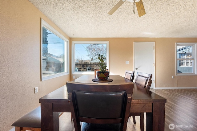 dining room with a textured ceiling, a textured wall, wood finished floors, and baseboards