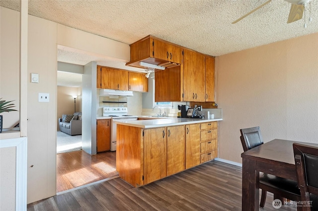 kitchen with light countertops, dark wood-type flooring, white range with electric cooktop, and brown cabinets