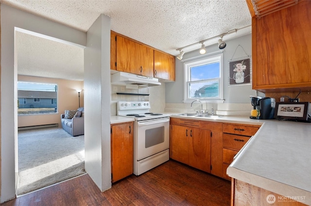 kitchen with electric range, a baseboard radiator, light countertops, under cabinet range hood, and a sink