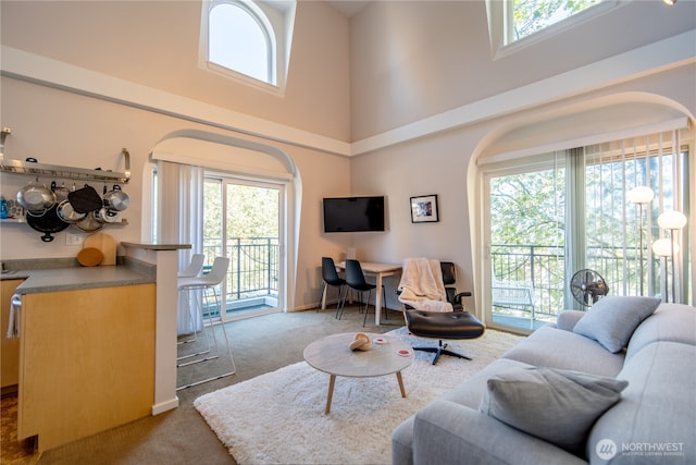 425 Vine St Unit 708, Seattle, WA 98121 - carpeted living area featuring plenty of natural light, a high ceiling, arched walkways, and baseboards
