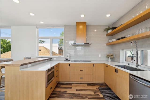 6610 Corson Ave S, Seattle, WA 98108 - kitchen with light countertops, appliances with stainless steel finishes, a peninsula, and wall chimney range hood
