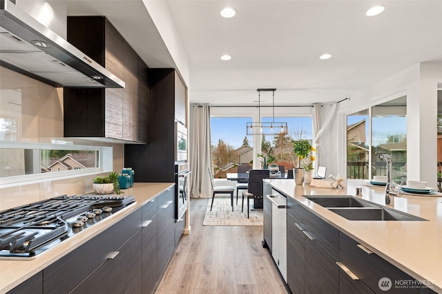 kitchen featuring light countertops, ventilation hood, modern cabinets, and appliances with stainless steel finishes