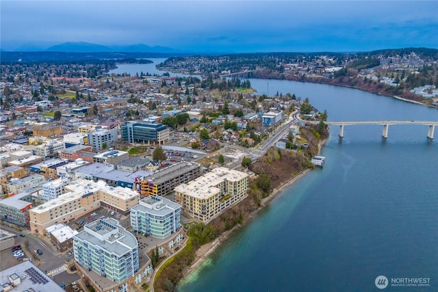 birds eye view of property with a water and mountain view and a city view