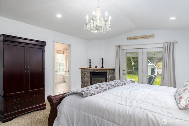 bedroom with connected bathroom, recessed lighting, carpet flooring, vaulted ceiling, and access to outside