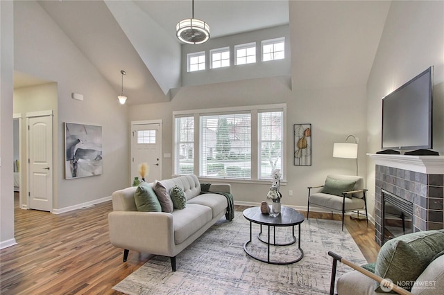 living area featuring wood finished floors, a fireplace, and a healthy amount of sunlight