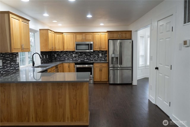 kitchen featuring stainless steel appliances, dark wood finished floors, a wealth of natural light, and decorative backsplash