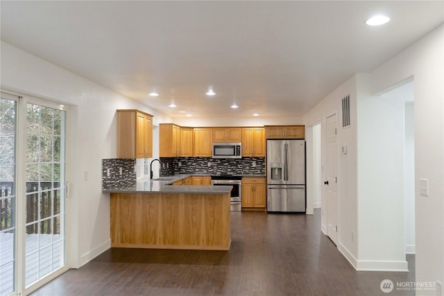 kitchen featuring dark wood-style flooring, tasteful backsplash, appliances with stainless steel finishes, a sink, and a peninsula