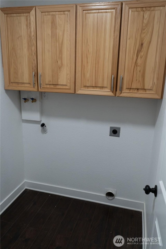 laundry area with washer hookup, dark wood-style flooring, cabinet space, hookup for an electric dryer, and baseboards