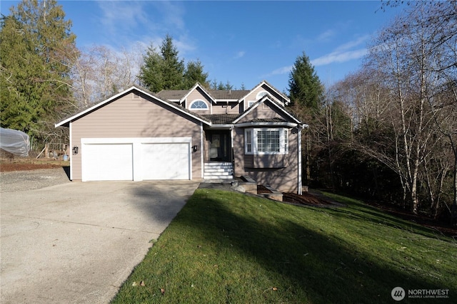 view of front of home featuring an attached garage, a front lawn, and concrete driveway