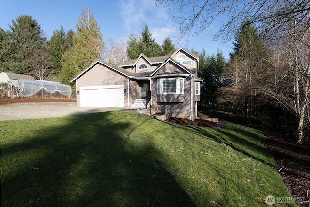 view of front facade featuring concrete driveway, an attached garage, and a front lawn