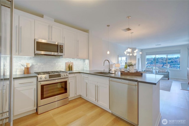 kitchen featuring stainless steel appliances, a peninsula, a sink, white cabinetry, and open floor plan