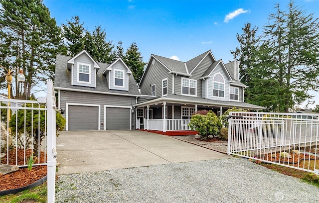 view of front facade with an attached garage, a porch, driveway, and roof with shingles