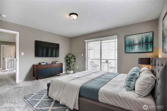 bedroom with light carpet