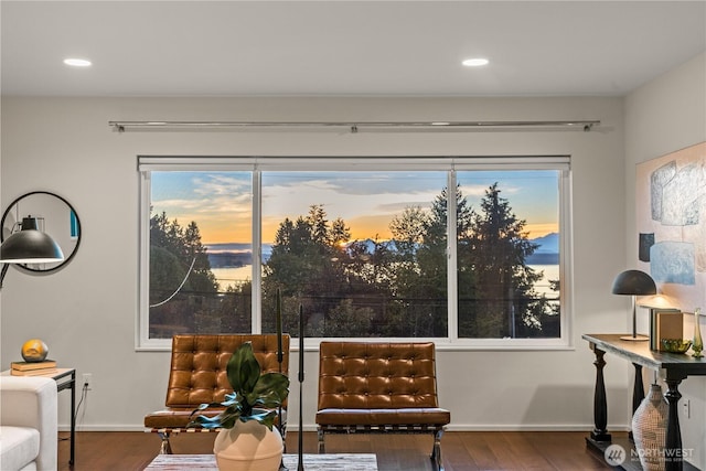 living area featuring recessed lighting, baseboards, and wood finished floors