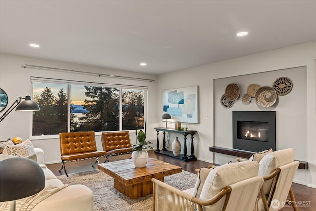 living room with baseboards, a glass covered fireplace, wood finished floors, and recessed lighting