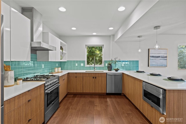 kitchen with light countertops, appliances with stainless steel finishes, dark wood-type flooring, a sink, and wall chimney range hood