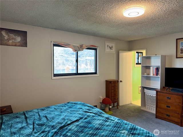 bedroom with carpet and a textured ceiling